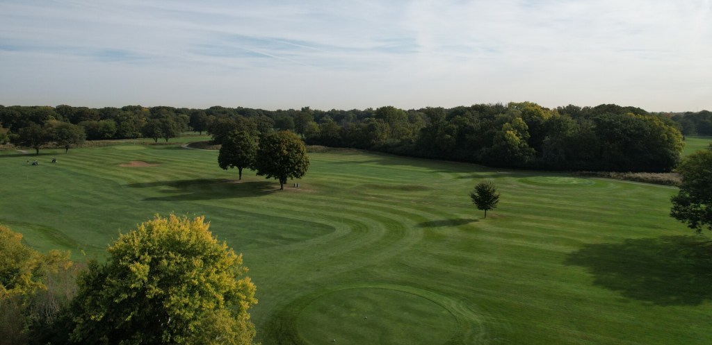 Manicured golf course green with trees